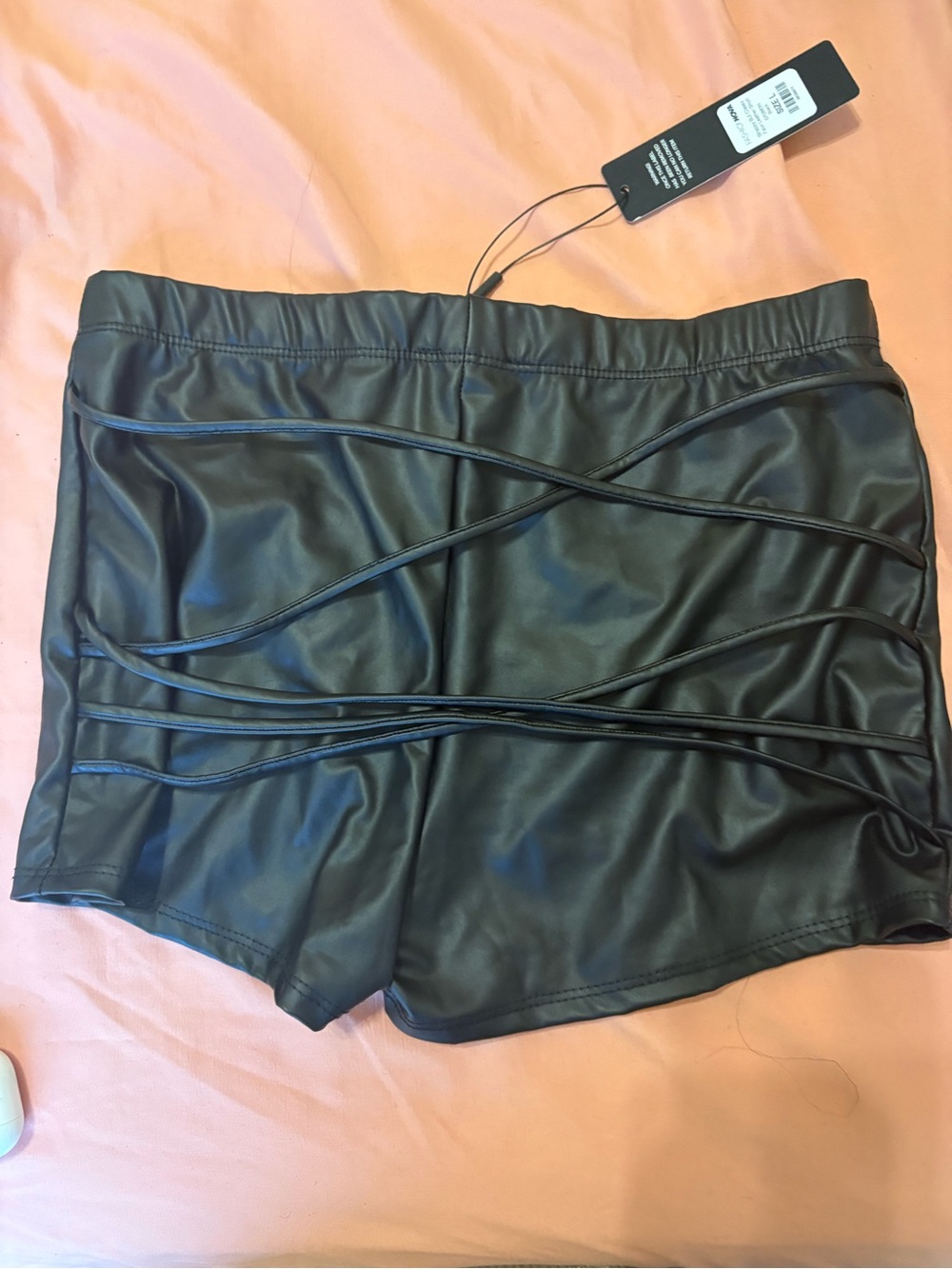 Faux Leather Black Women's Shorts with Decorative Piping